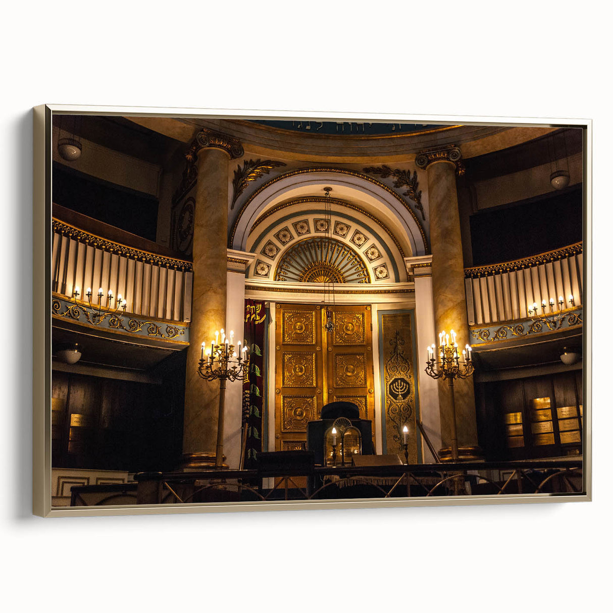 Framed canvas depicting a vintage synagogue in a colorful landscape, ideal for enhancing a study room or office decor.