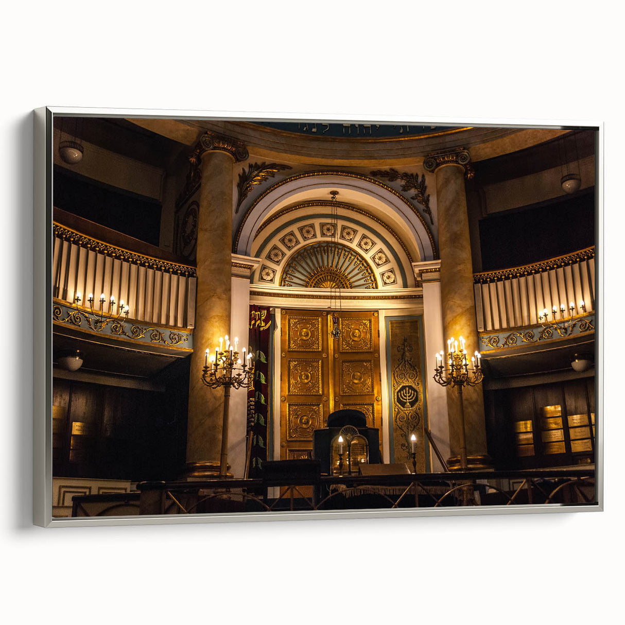 Vintage poster art of a synagogue in colorful hues on a framed canvas, ideal for extra large living room wall decor.