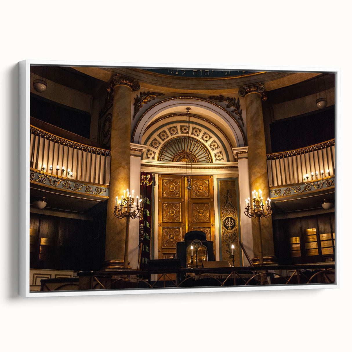 Framed canvas depicting a vintage poster of a synagogue in black and white, ideal for bedroom wall art.