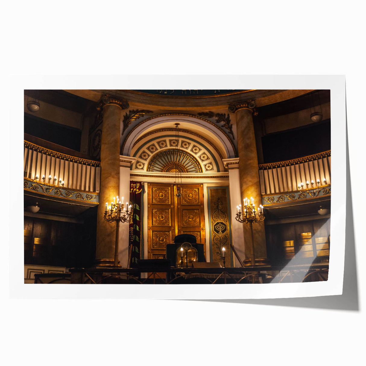 Extra large rolled print featuring a floral synagogue design in muted earth tones, ideal for art wall dining room.