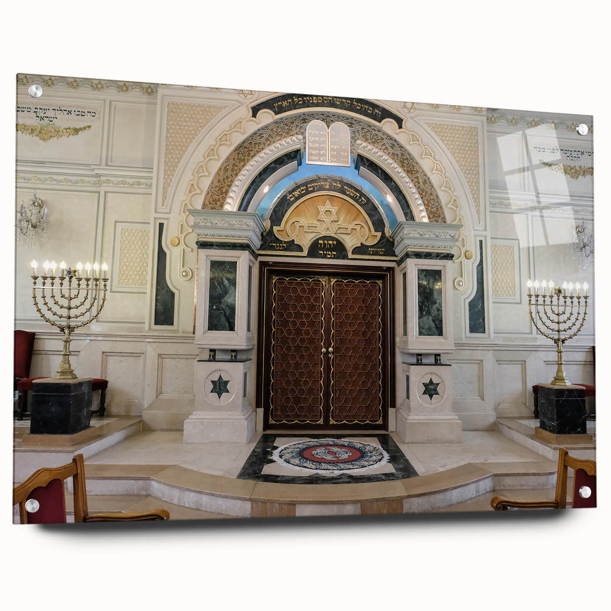 Acrylic print of a large abstract synagogue design in muted gray and blue tones, suitable for bedroom or dining room decor.