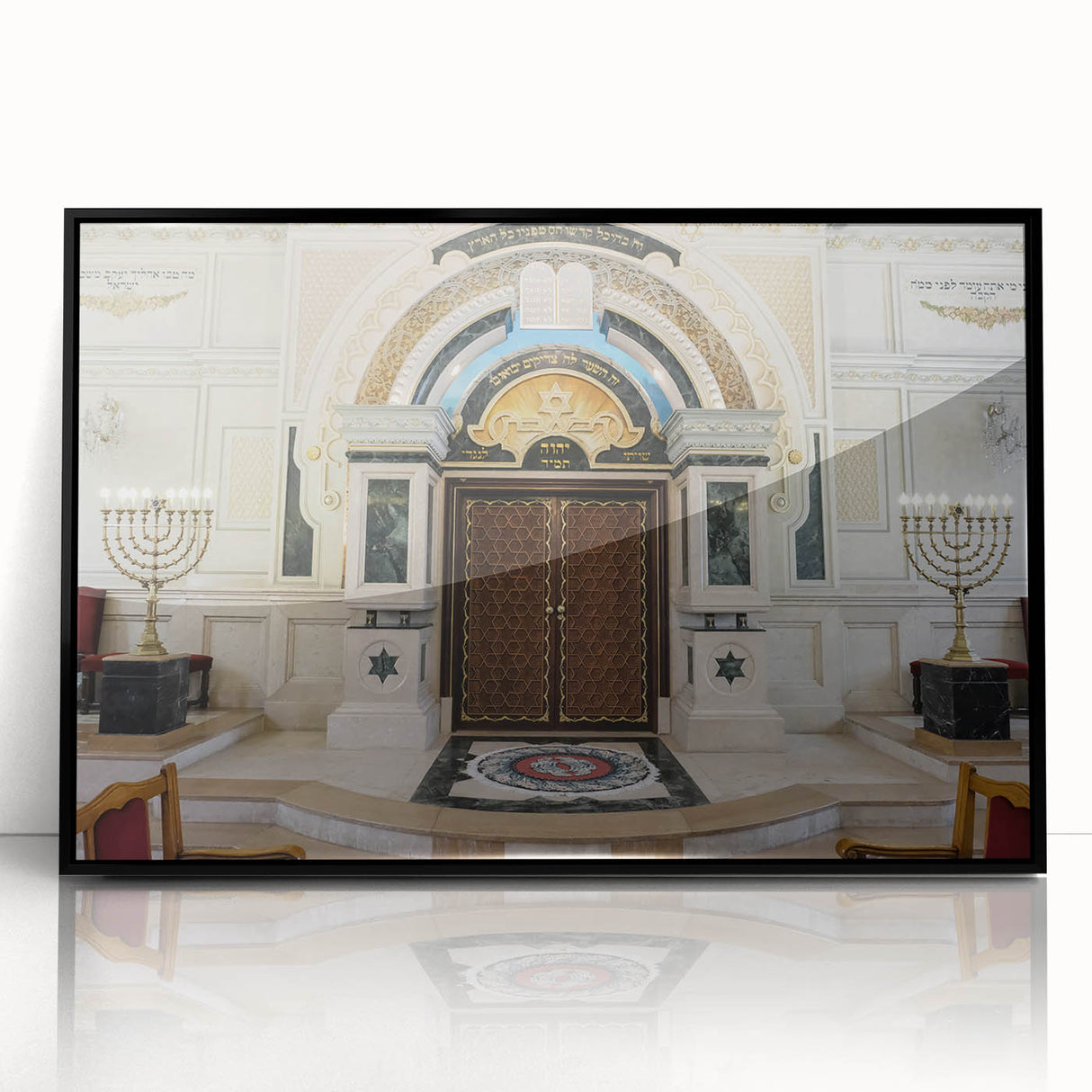 Large abstract wall art featuring a mid-century modernist synagogue design in black and gray tones on acrylic.