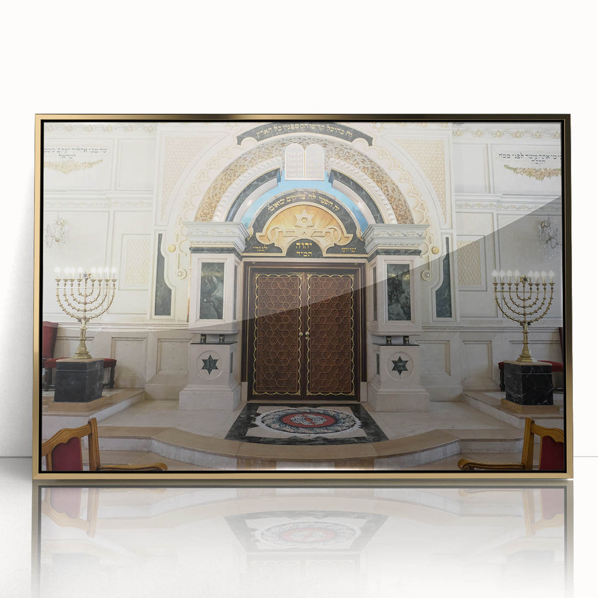 Mid-century modernist art of a synagogue in muted gold and white tones on framed acrylic, suitable for nursery wall decor.