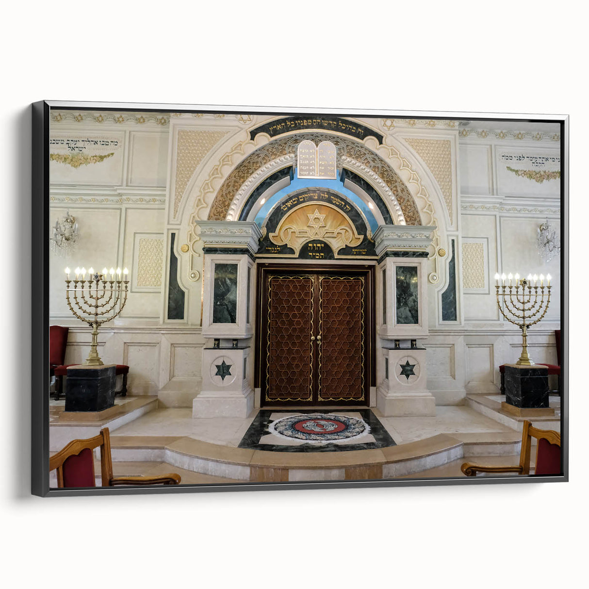 Black and white framed canvas depicting a vintage synagogue, ideal for bedroom landscape art.