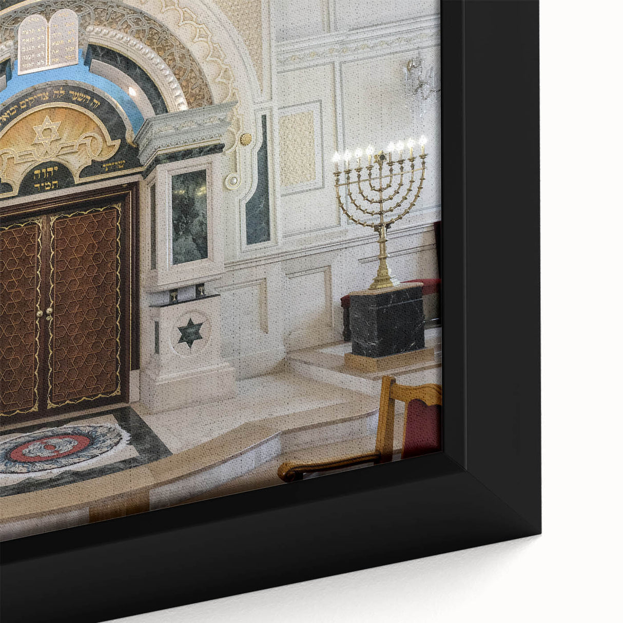 Extra large black wall art featuring a colorful, textured synagogue design on a framed canvas.