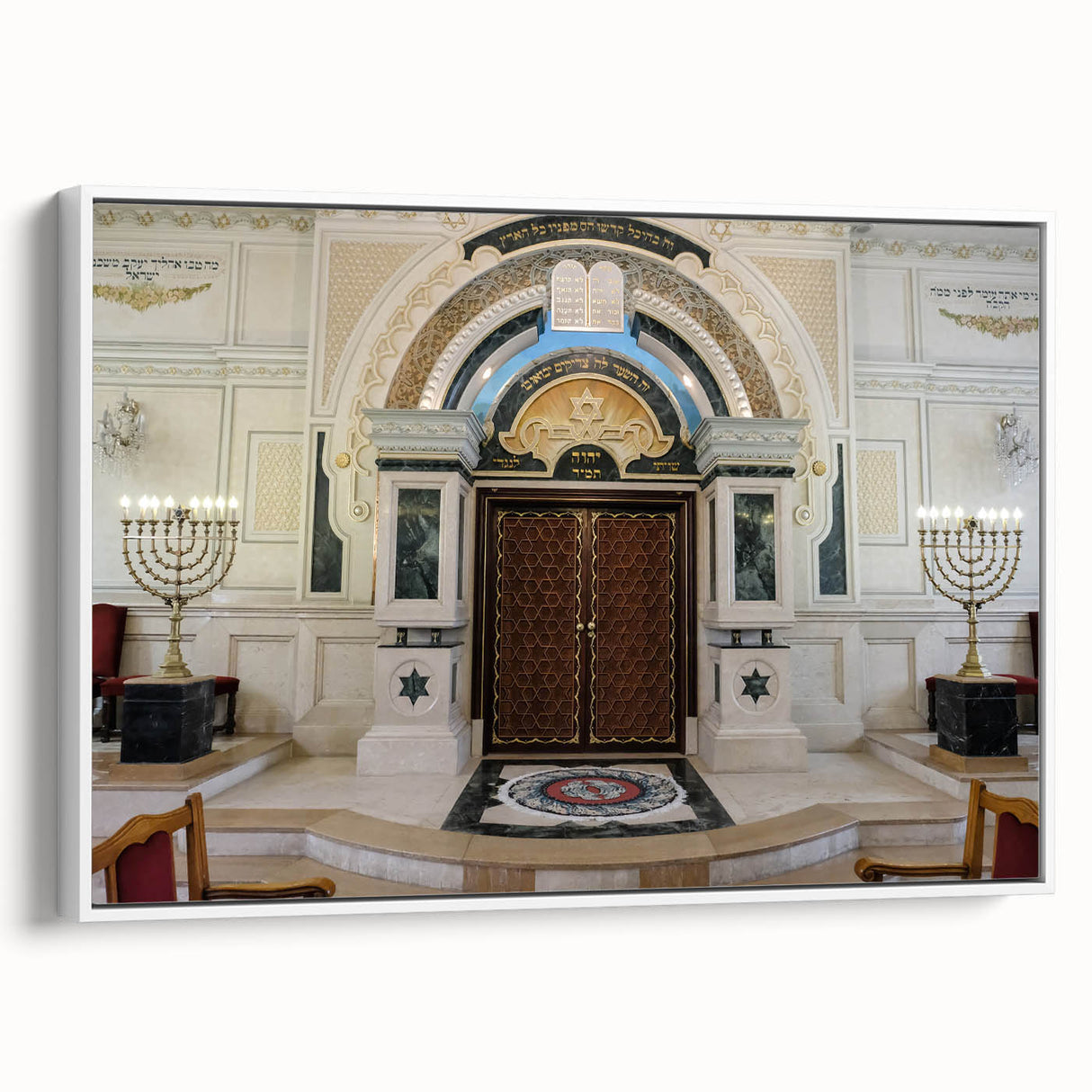 Framed canvas of a vintage synagogue landscape in black and white, ideal for bedroom wall art.
