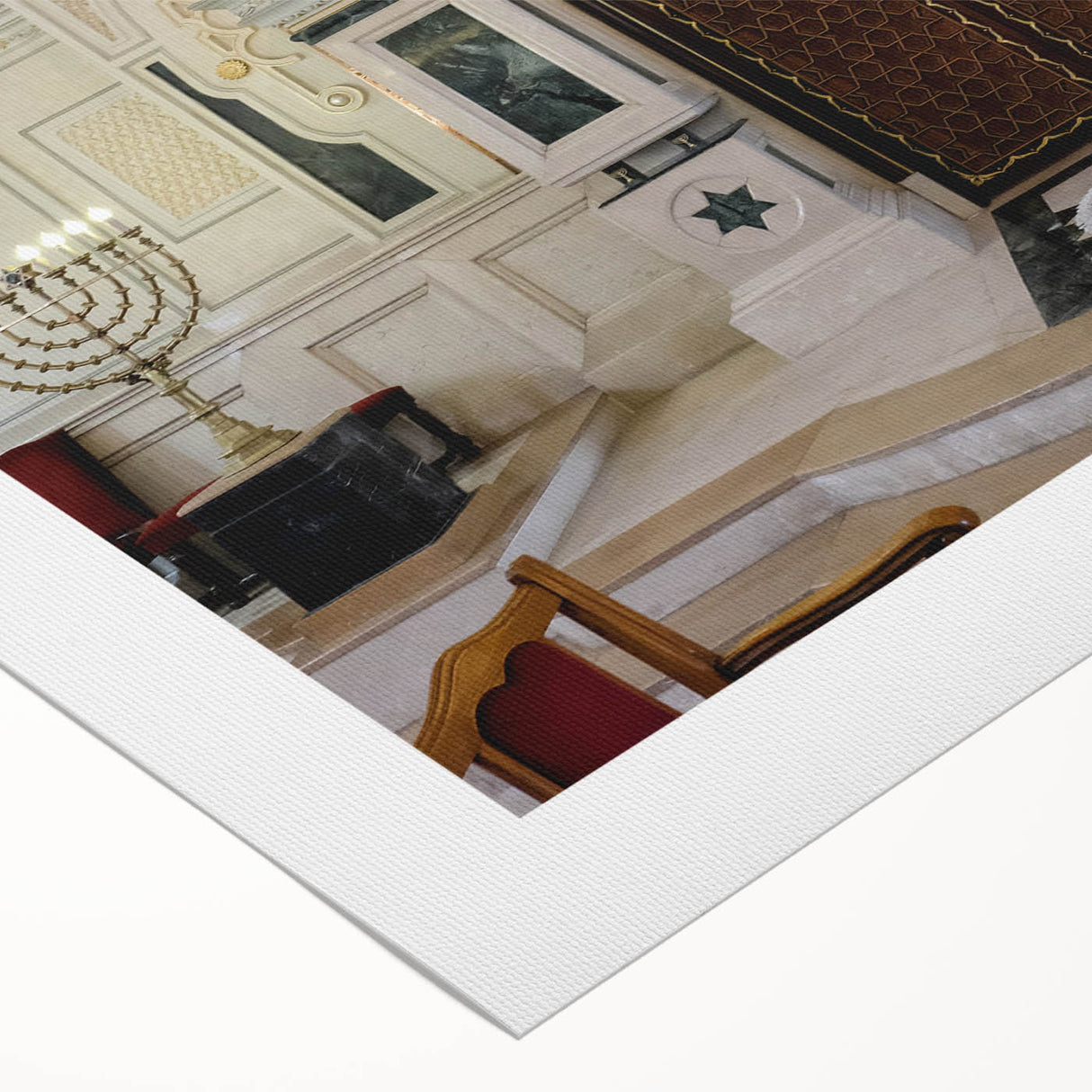 Art deco poster of a synagogue in muted gold and blue tones on rolled canvas, suitable for dining room wall art.