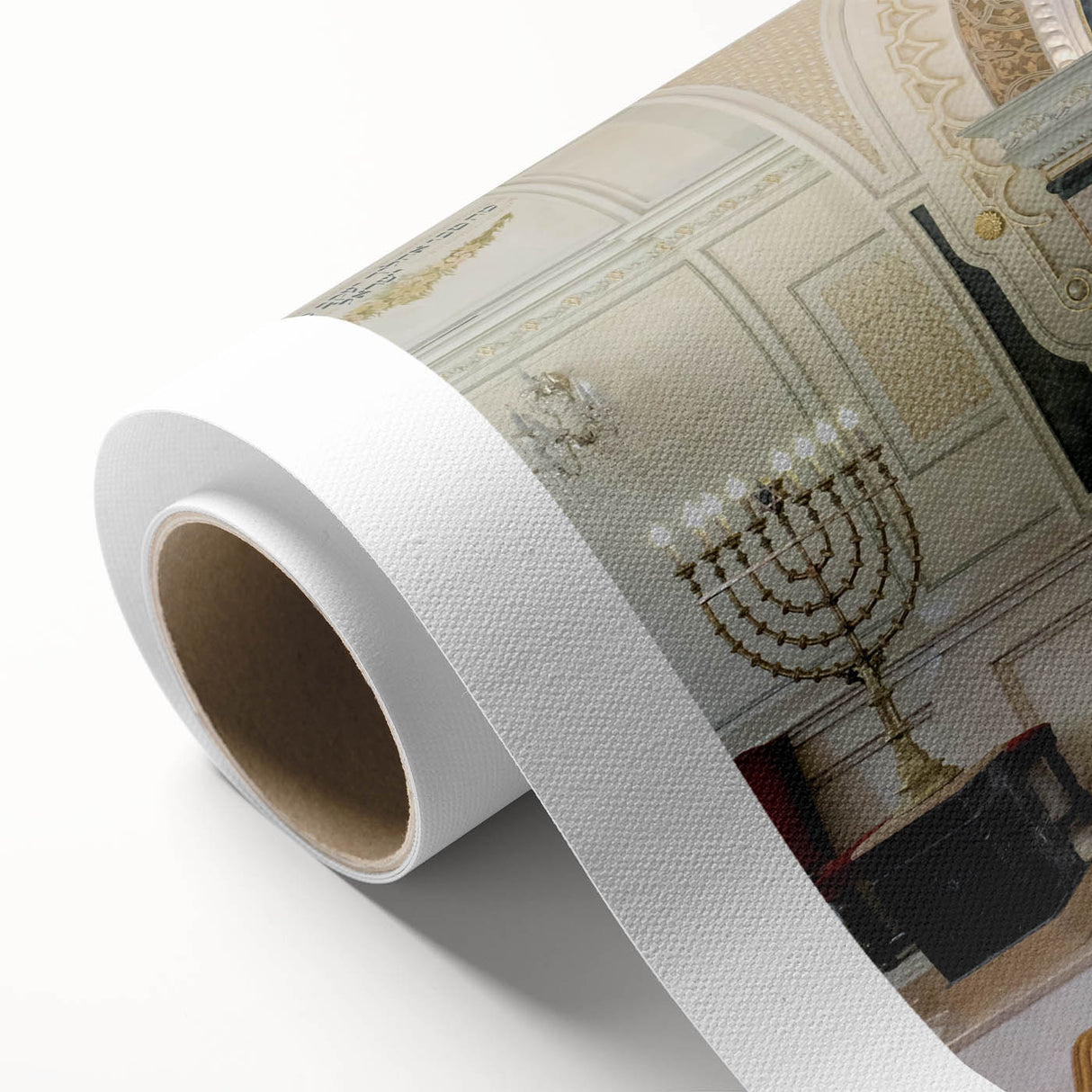 Art deco poster of a synagogue in pastel shades on rolled canvas, suitable for nursery wall art or dining room decor.