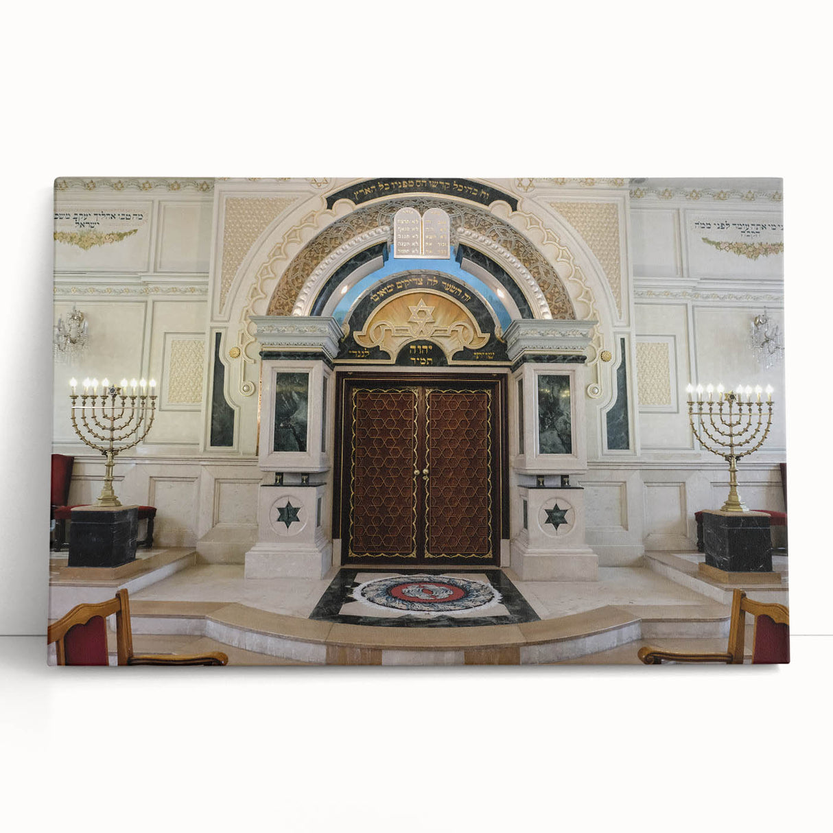 Black and white stretched canvas of a synagogue design, suitable as large kitchen or bedroom wall art.