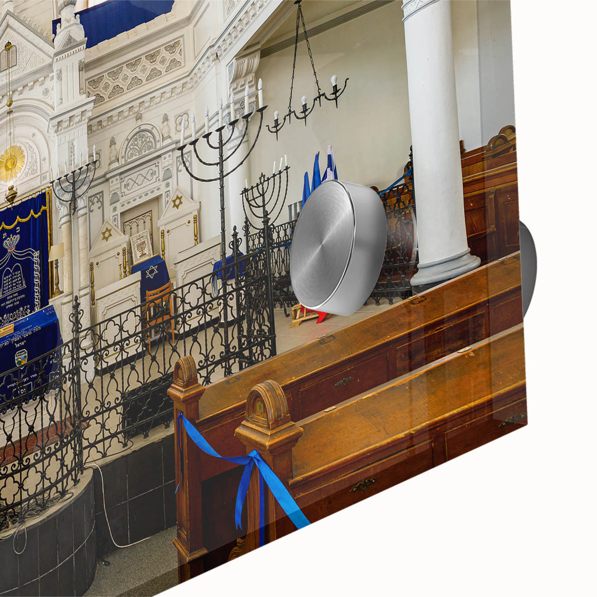 Large abstract wall art print of a synagogue, featuring mid-century modernist style in muted earth tones.