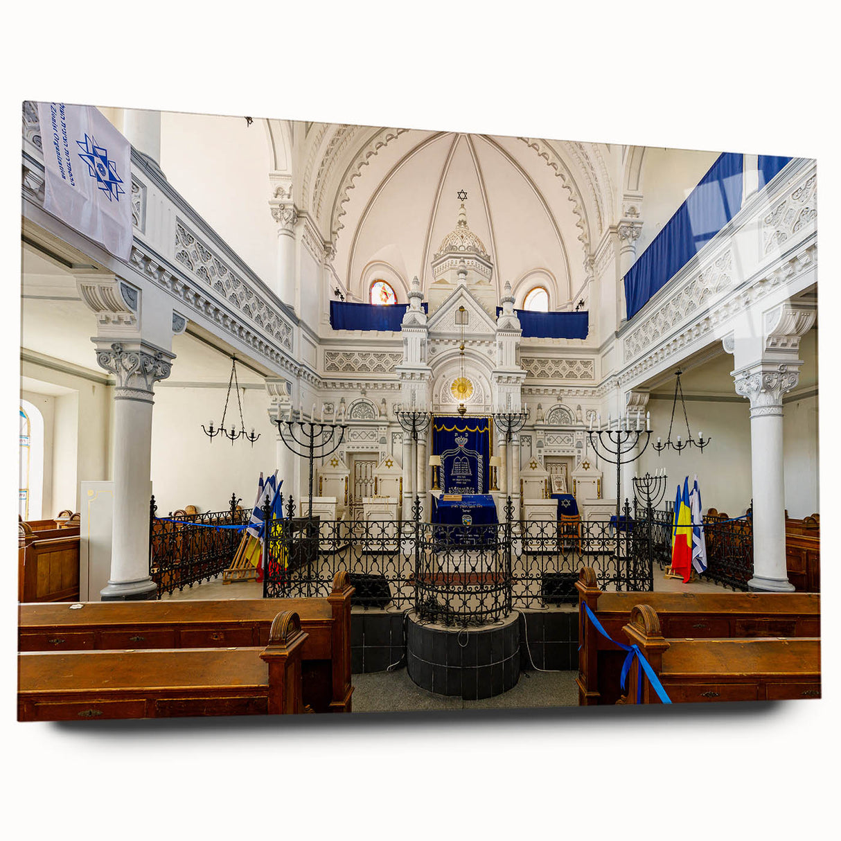 Acrylic print of a large abstract synagogue design in muted earth tones, ideal for bedroom or dining room art.
