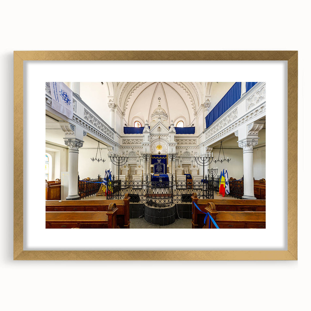 Textured abstract art print of a synagogue in gold and white tones on a framed canvas, suitable for bedroom decor.