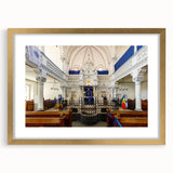 Textured abstract art print of a synagogue in gold and white tones on a framed canvas, suitable for bedroom decor.