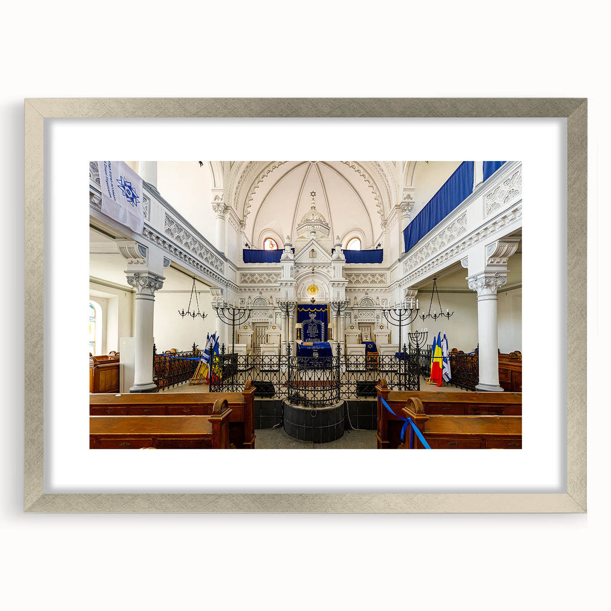 Abstract art print of a synagogue in muted silver and gray tones on a framed poster, suitable for dining room decor.