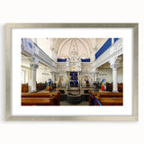 Abstract art print of a synagogue in muted silver and gray tones on a framed poster, suitable for dining room decor.