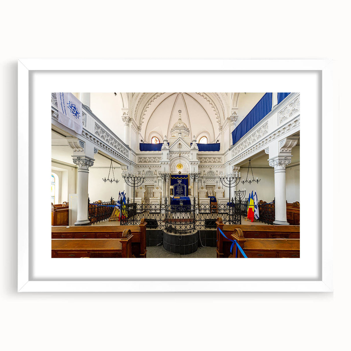 Extra large abstract art print featuring a textured synagogue design in muted earth tones on a framed white mat.
