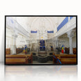 Large abstract wall art featuring a mid-century modernist synagogue design in black and white tones on a framed acrylic.
