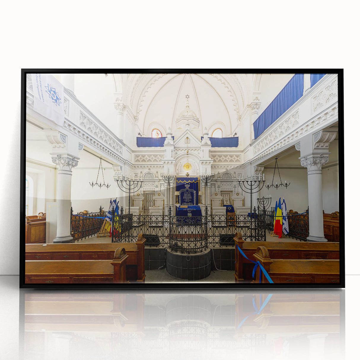 Large abstract wall art featuring a mid-century modernist synagogue design in black and white tones on a framed acrylic.
