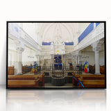 Large abstract wall art featuring a mid-century modernist synagogue design in black and white tones on a framed acrylic.