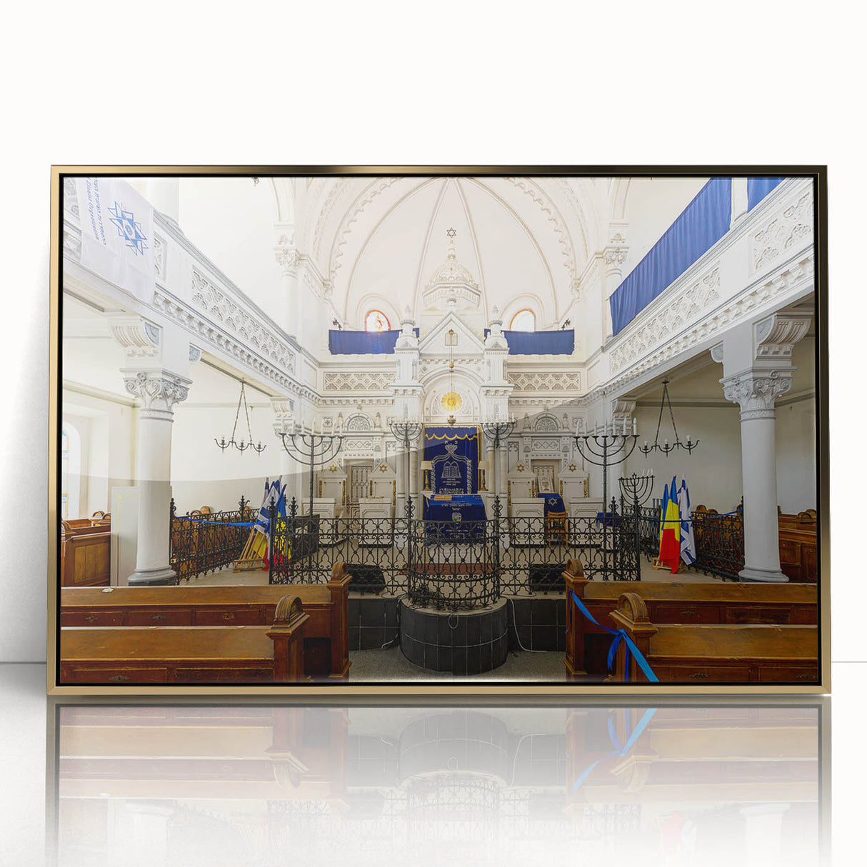 Mid-century modernist art depicting a synagogue in muted gold and beige tones, acrylic print framed.