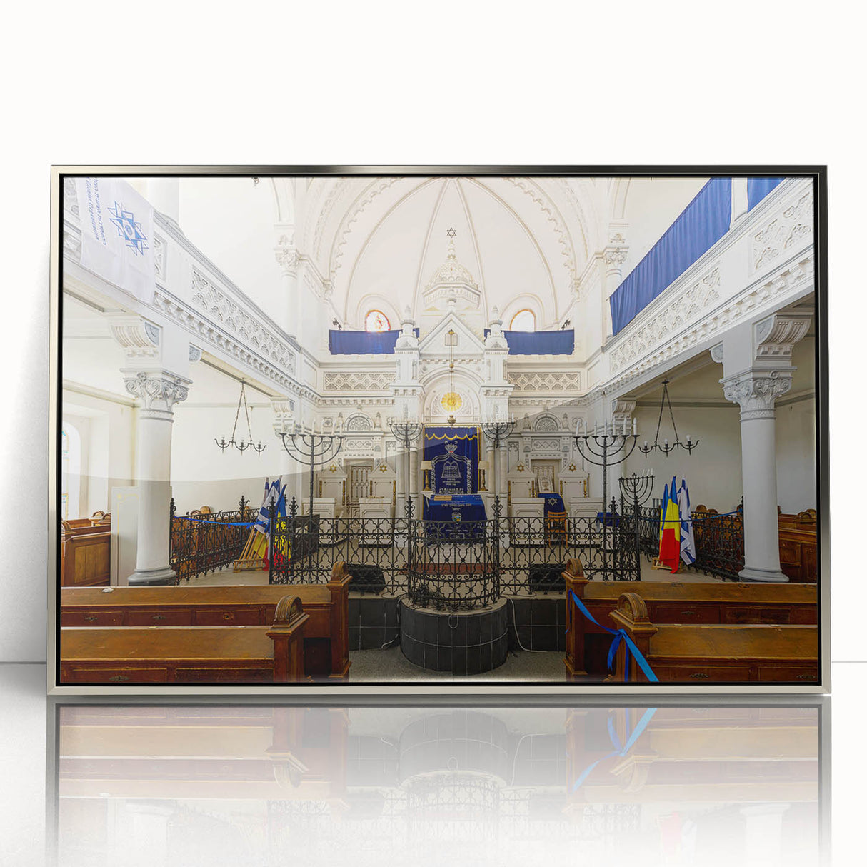 Art deco poster of a synagogue in muted silver tones on framed acrylic, suitable for modern nursery wall decor.