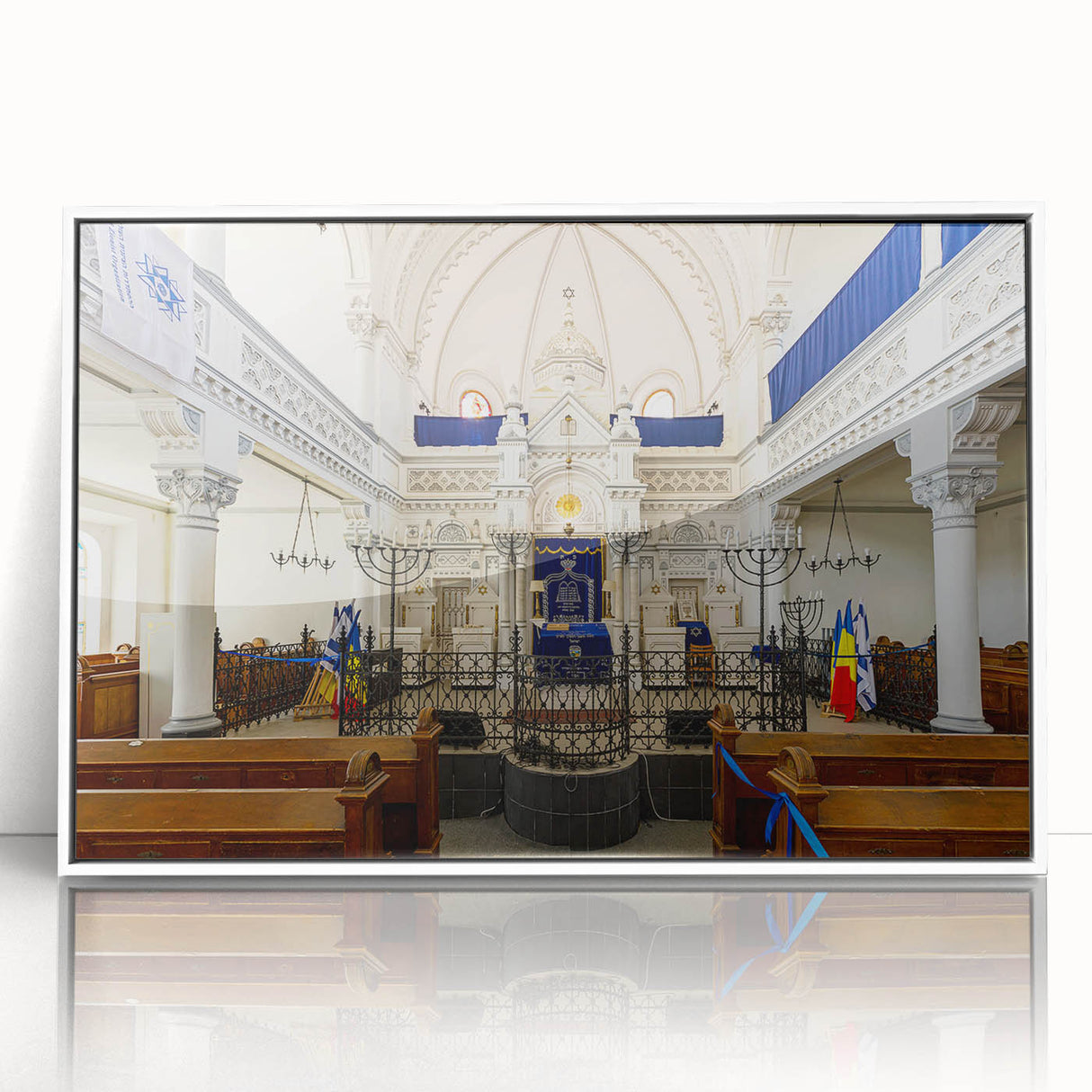 Mid-century modernist synagogue design in muted colors on a framed acrylic, ideal for modern art wall decor.