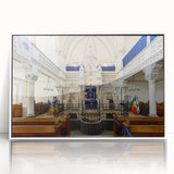 Mid-century modernist synagogue design in muted colors on a framed acrylic, ideal for modern art wall decor.