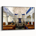 Black and white vintage poster art of a synagogue landscape on framed canvas, ideal for bedroom wall decor.