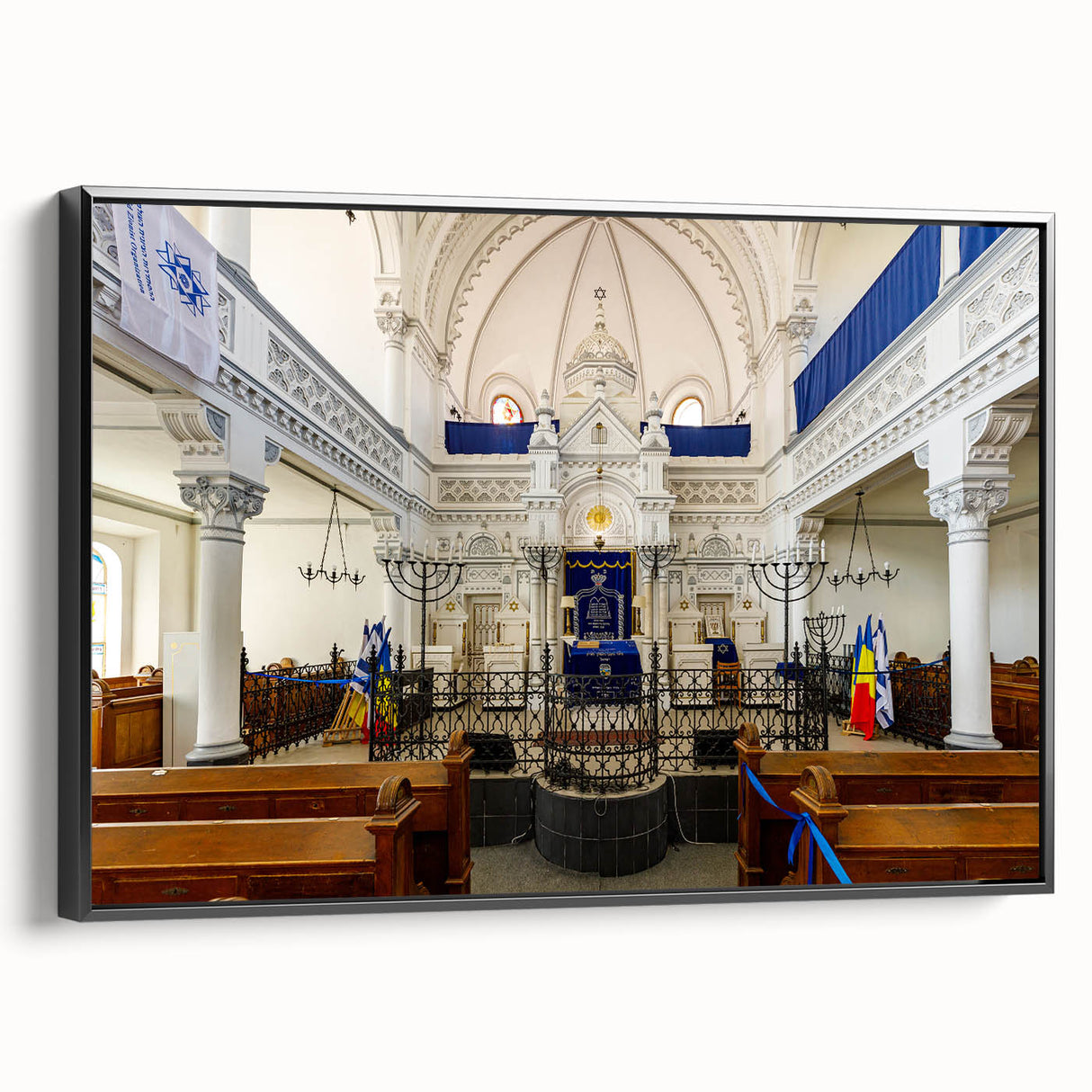 Black and white vintage poster art of a synagogue landscape on framed canvas, ideal for bedroom wall decor.