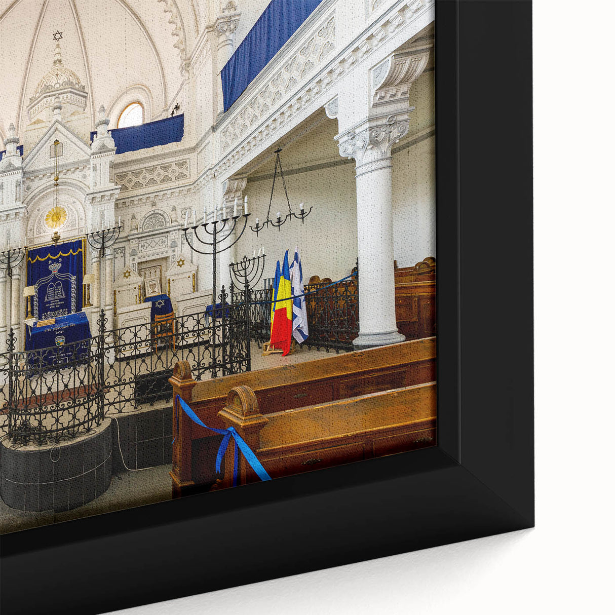 Extra large black wall art featuring a colorful, textured depiction of a synagogue, framed canvas.