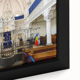 Extra large black wall art featuring a colorful, textured depiction of a synagogue, framed canvas.