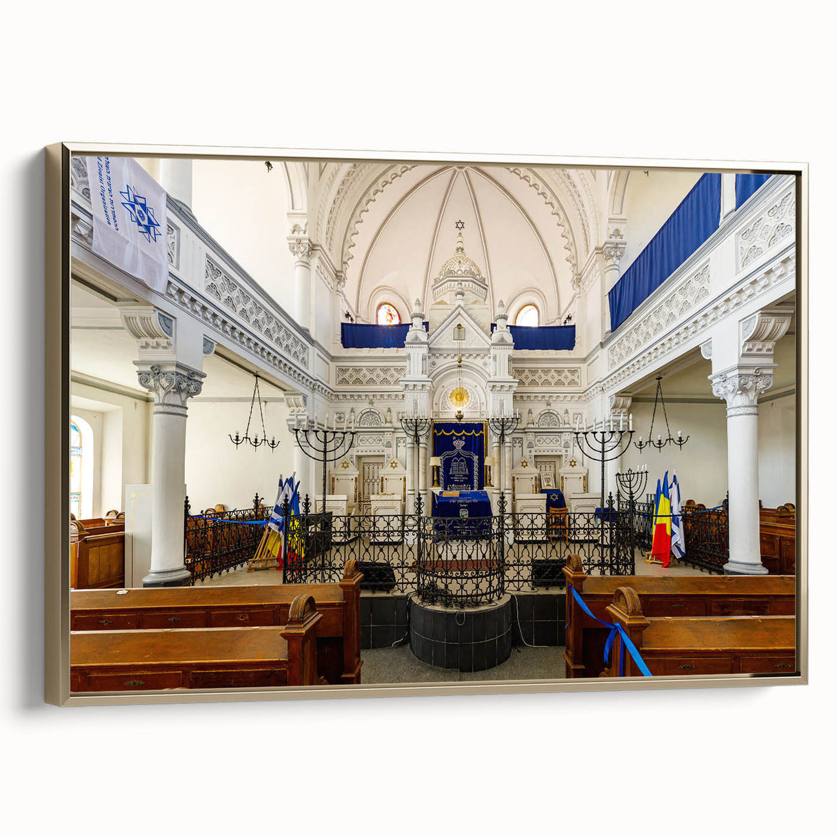 Framed canvas landscape art painting depicting a vintage synagogue in muted gold and black tones.