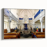 Vintage poster art of a synagogue in colorful pastels on a black background, framed canvas, ideal for living room decor.