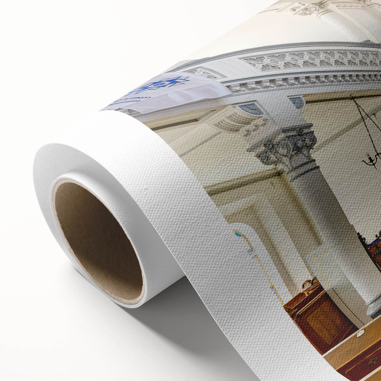 Art deco synagogue design in muted gold and blue tones on rolled canvas, ideal for nursery wall art.