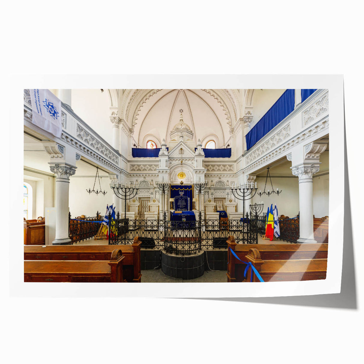 Extra large rolled print of a synagogue in soft pastel hues, ideal for art wall dining room placement.