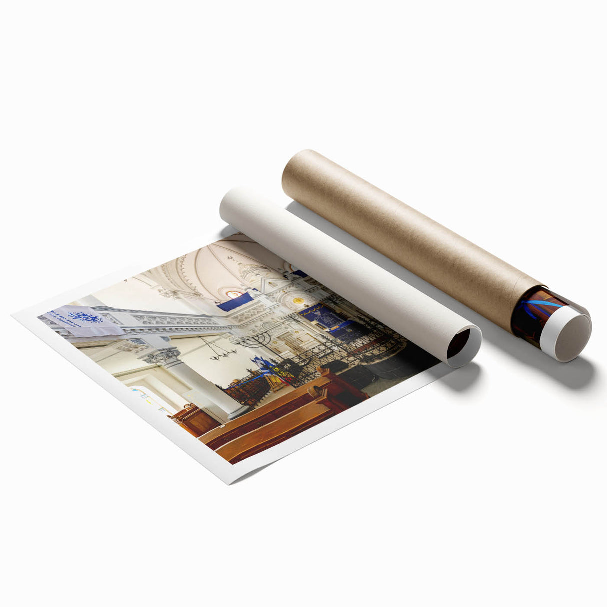 Extra large rolled print of a synagogue in muted earth tones, ideal for classy bathroom wall art.