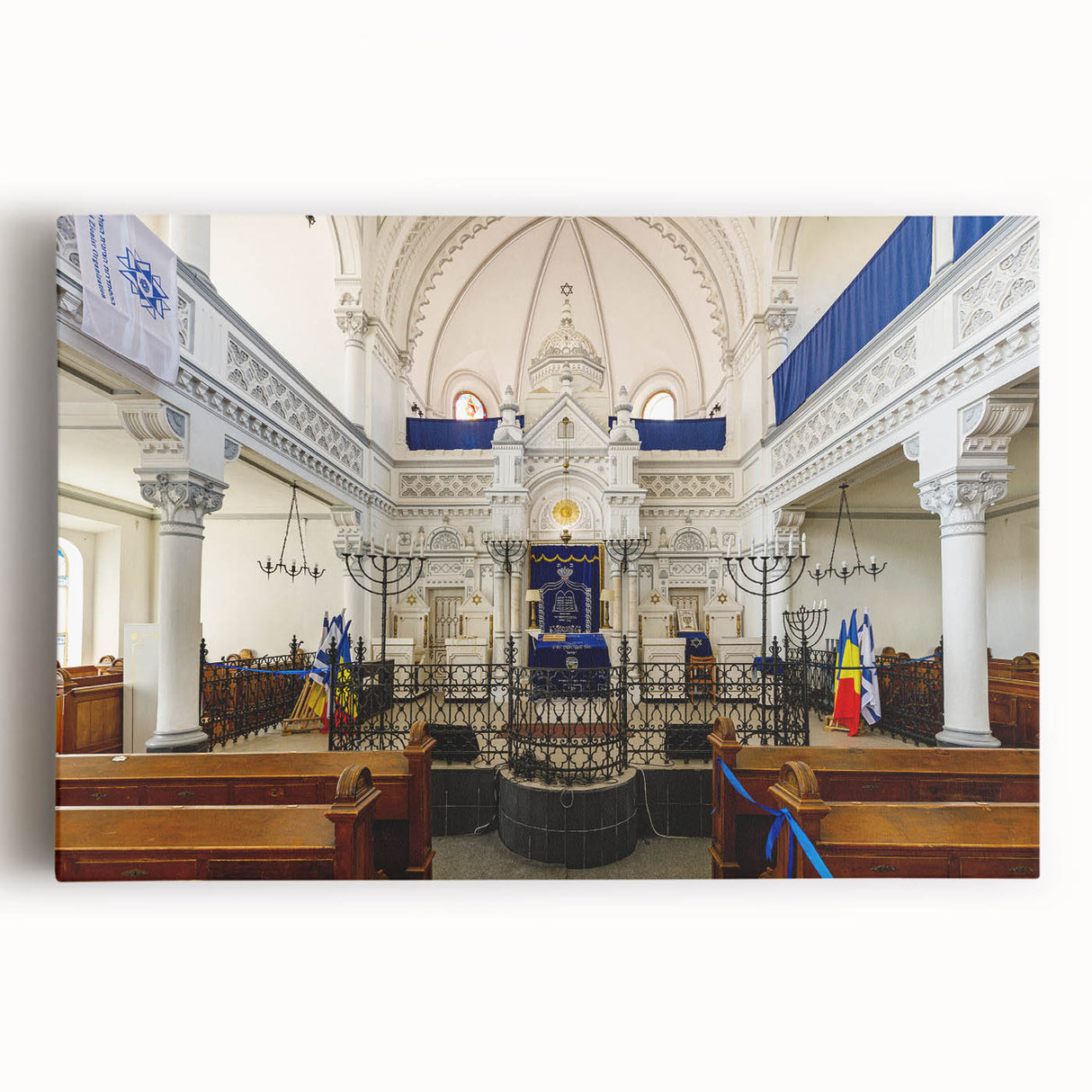Black and white stretched canvas featuring a detailed synagogue design, ideal for kitchen art.