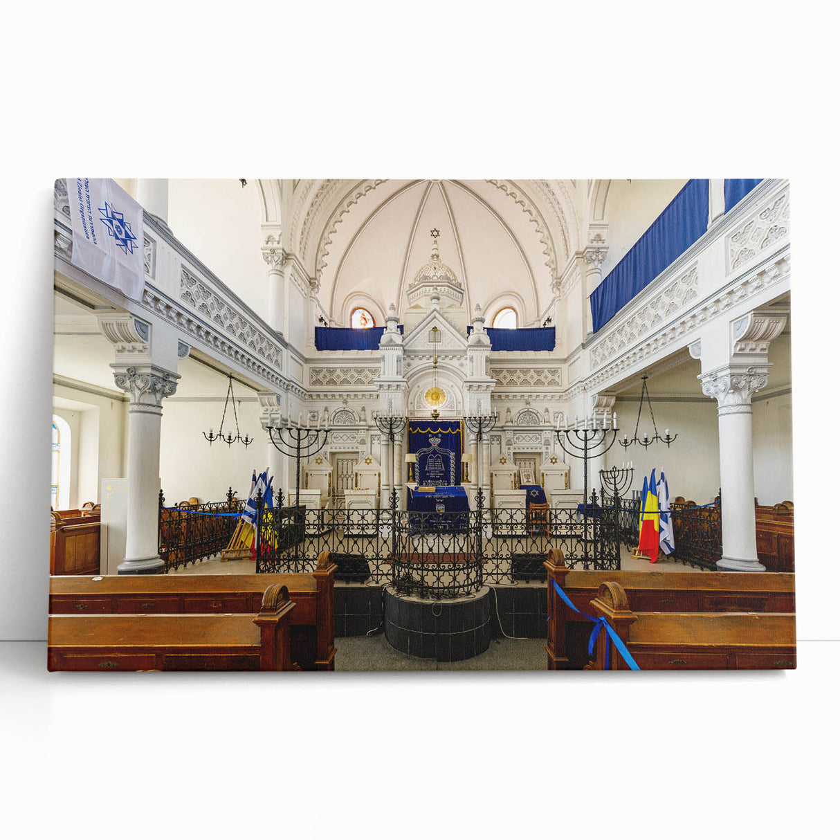 Black and white large art of a synagogue design on stretched canvas, ideal for kitchen wall art or bedroom decor.