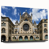 Large abstract wall art depicting a synagogue, rendered in muted earth tones on acrylic glass.