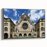 Framed canvas featuring a vintage poster art of a synagogue in muted silver and black tones, ideal for living room decor.