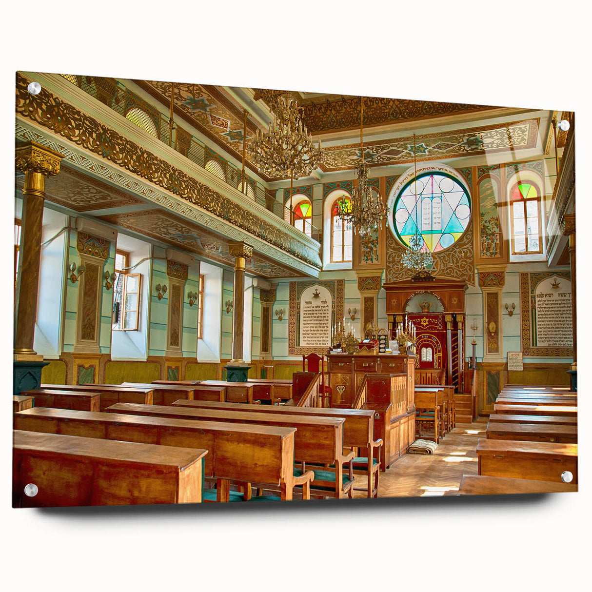 Acrylic print of a large abstract synagogue design in muted earth tones, suitable for bedroom or dining room decor.