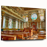 Acrylic print of a large abstract synagogue design in muted earth tones, suitable for bedroom or dining room decor.