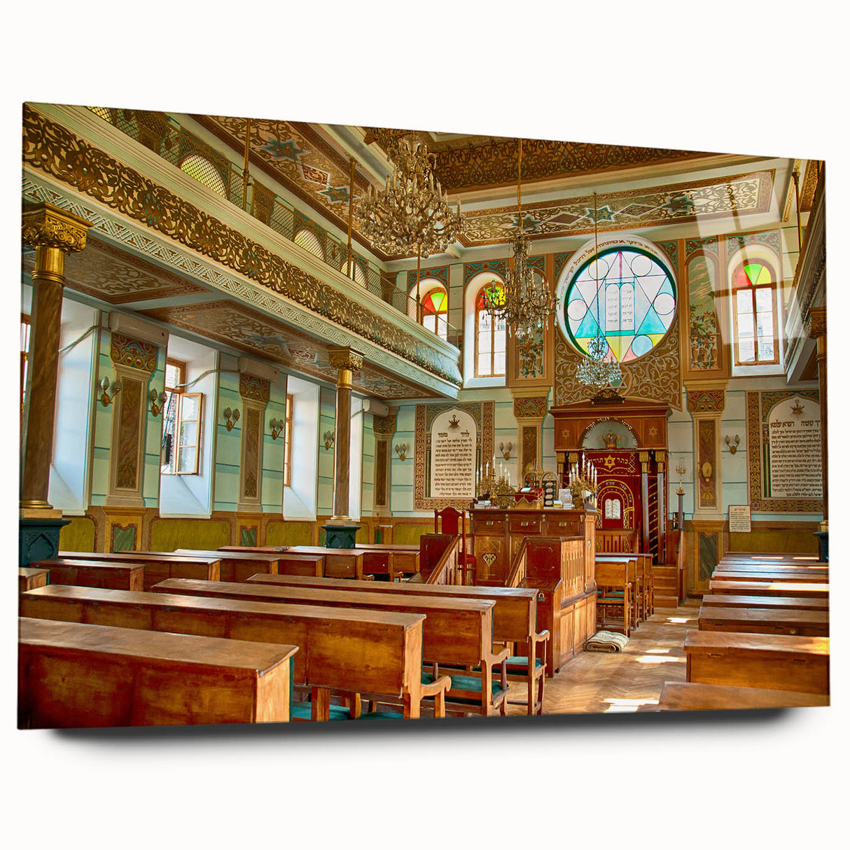 Large abstract wall art of a synagogue in muted earth tones on acrylic glass, suitable for bedroom or dining room decor.