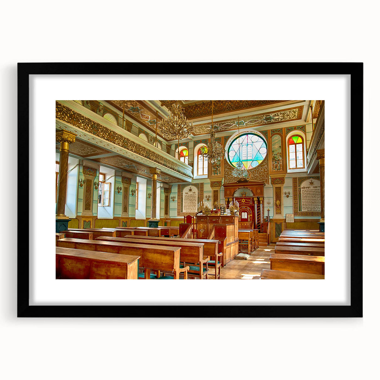 Abstract art print of a synagogue in vibrant colors on a textured, extra large canvas, ideal for living room decor.