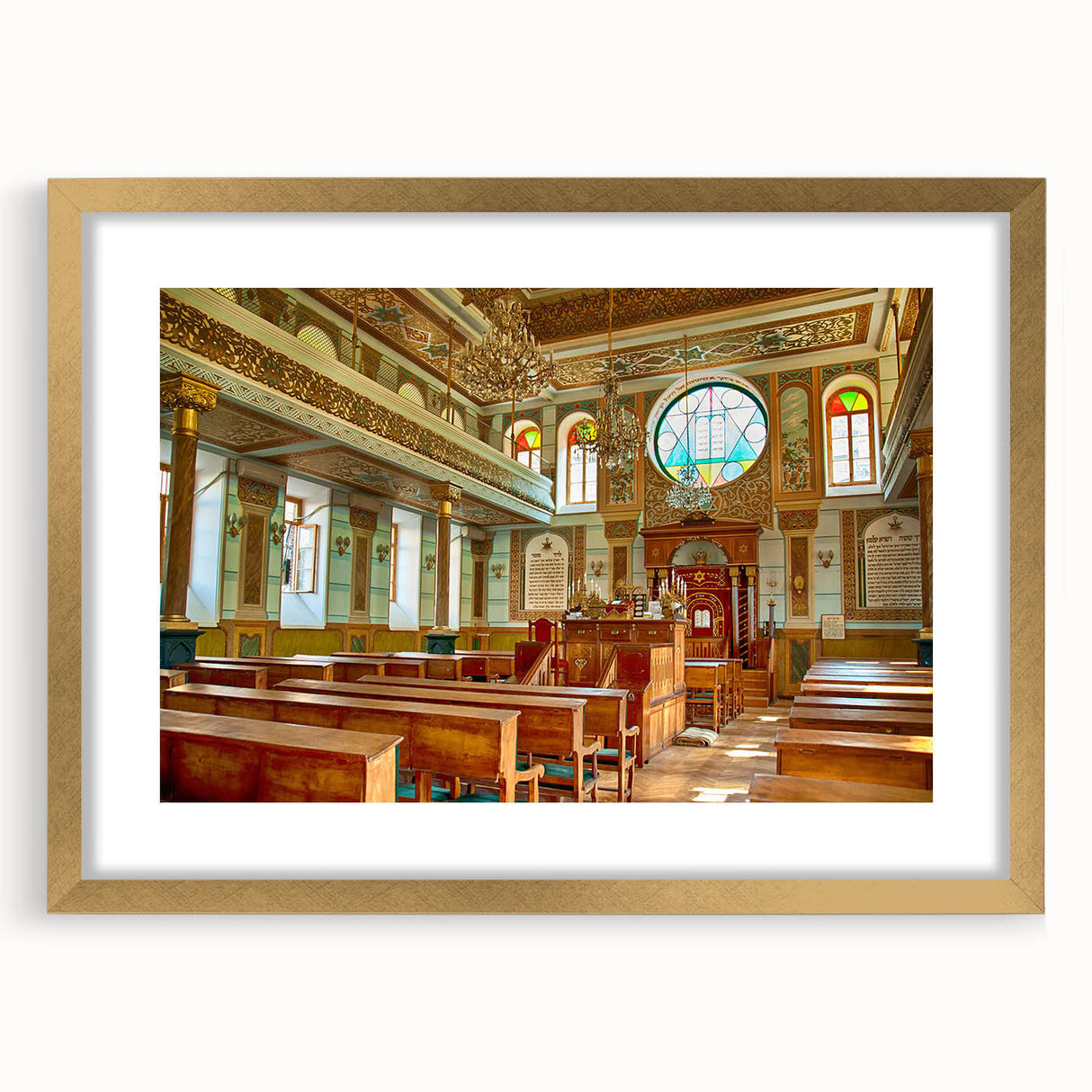 Textured abstract art print of a synagogue in muted gold and white tones on a framed canvas, suitable for bedroom decor.