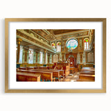 Textured abstract art print of a synagogue in muted gold and white tones on a framed canvas, suitable for bedroom decor.
