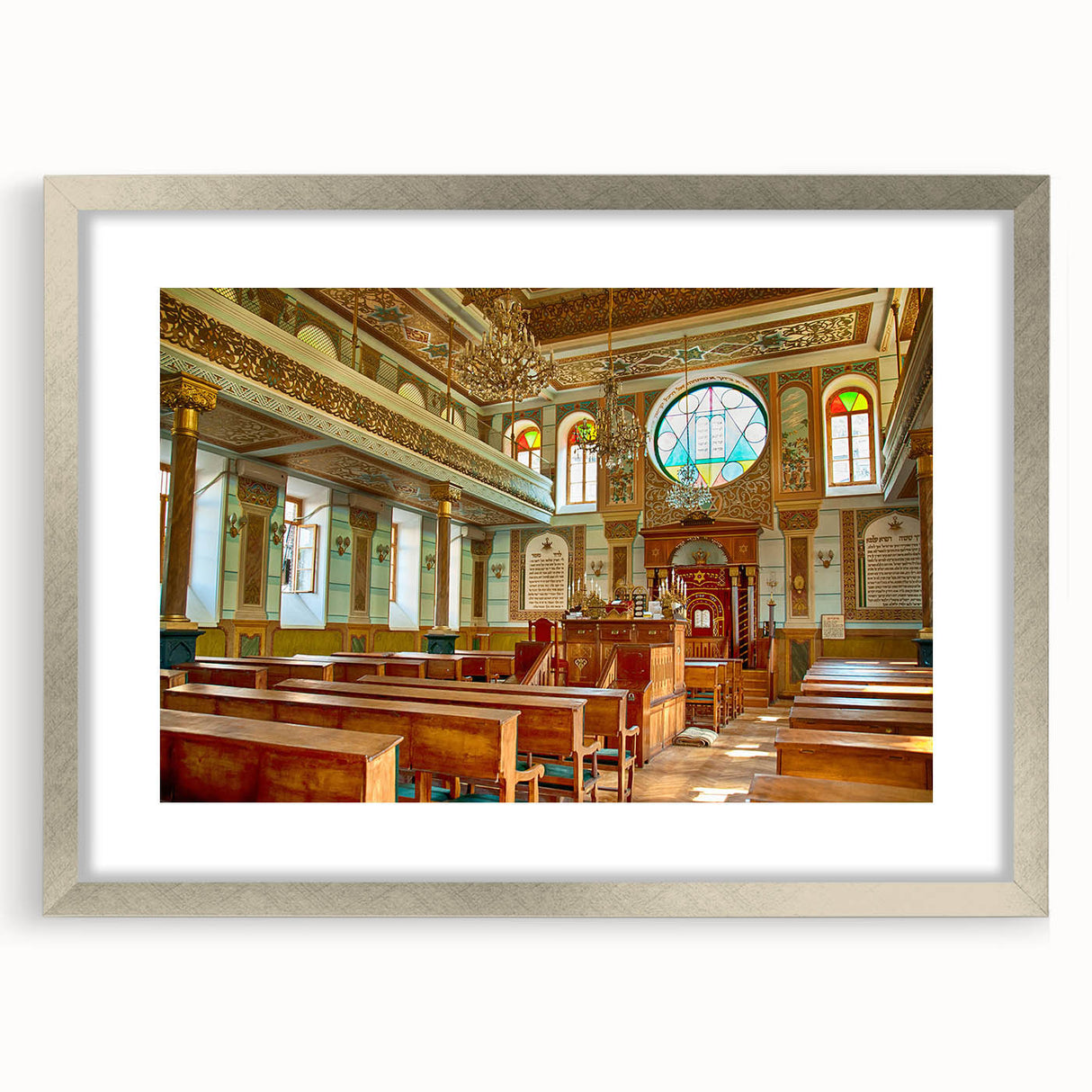 Abstract art print of a synagogue in muted silver and gray tones, framed with a silver mat, suitable for dining room decor.