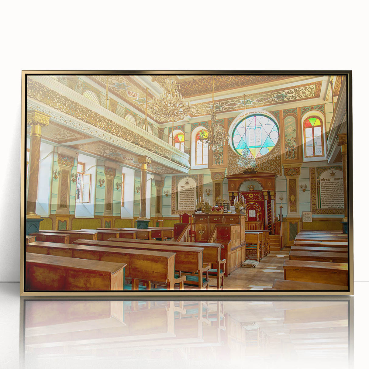 Mid-century modernist art of a synagogue in muted gold tones on a framed acrylic, ideal for nursery wall art.