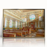 Mid-century modernist art of a synagogue in muted gold tones on a framed acrylic, ideal for nursery wall art.