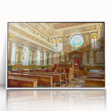 Acrylic print of a mid-century modernist synagogue, rendered in muted earth tones, ideal for modern art wall decor.